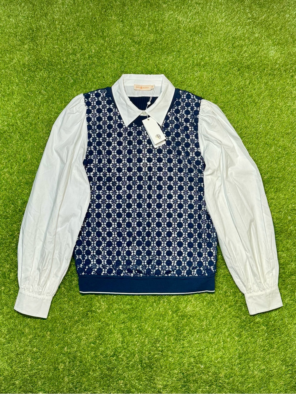 NWT Tory Burch Poplin Sleeve Pullover Shirt Women’s Size Medium Navy Blue White